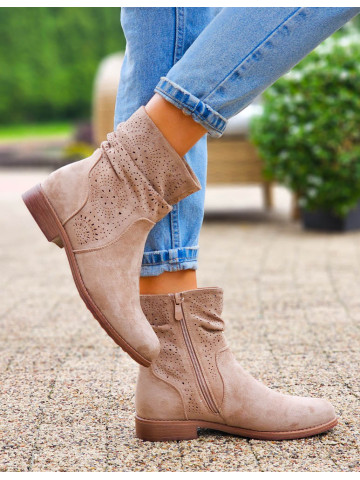 Beżowe Ażurowe Zamszowe Botki Damskie Płaskie Leeses