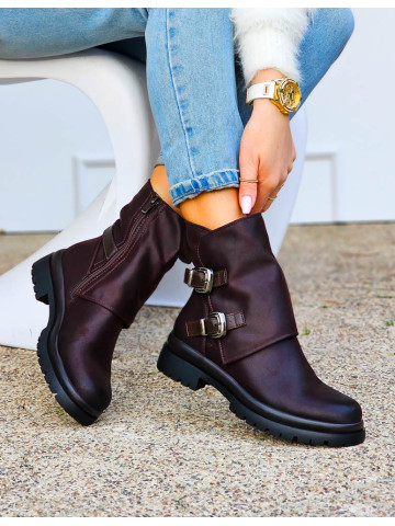 Czekoladowe Skórzane Botki Na Platformie Wywinięta Cholewka