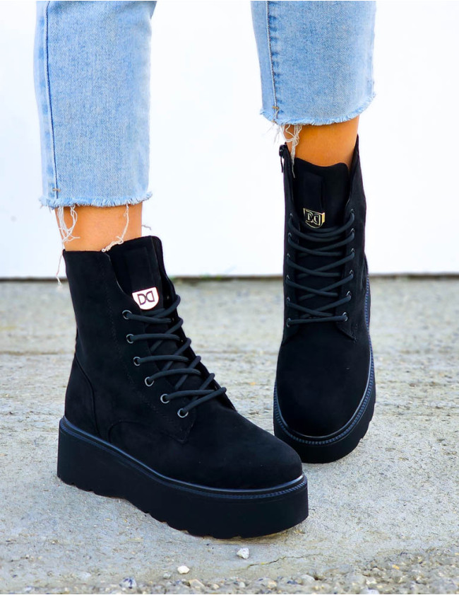 Czarne Zamszowe Sznurowe  Botki Na Platformie DB