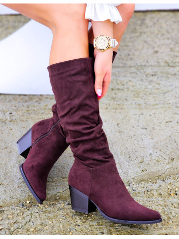 Czekoladowe Zamszowe Kozaki Na Klocku Suzan