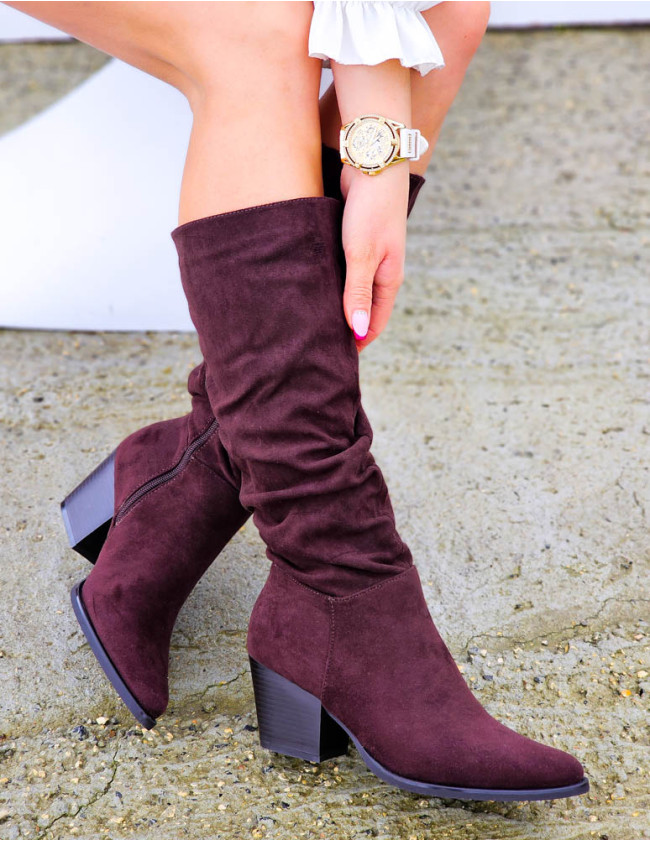 Czekoladowe Zamszowe Kozaki Na Klocku Suzan