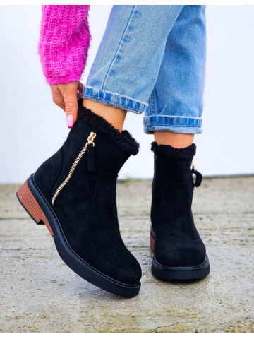 Czarne Zamszowe Botki Śniegowce Płaski Spód Her
