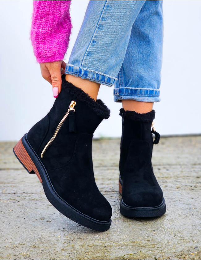 Czarne Zamszowe Botki Śniegowce Płaski Spód Her