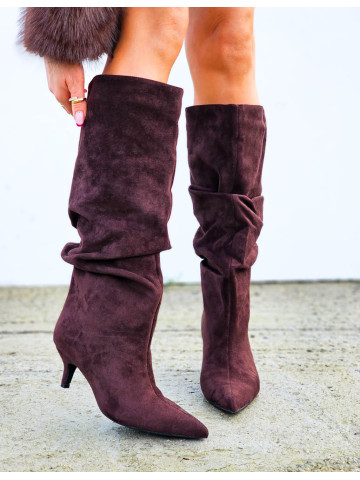 Czekoladowe Kozaki Na Niskiej Szpilce z Marszczoną Cholewką 