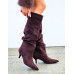 Czekoladowe Kozaki Na Niskiej Szpilce z Marszczoną Cholewką 