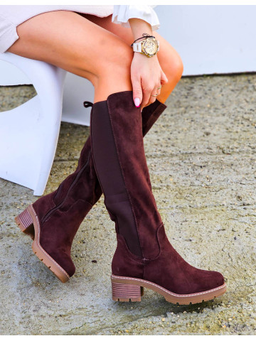 Czekoladowe Zamszowe Kozaki Na Niskim Klocku Madera