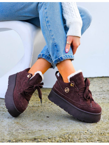 Czekoladowe Buty Sportowe Botki z Kożuszkiem