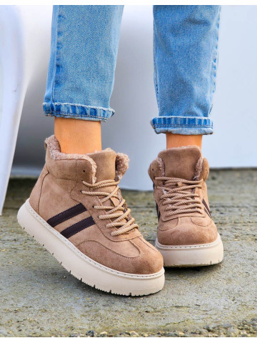 Beżowe Sportowe Zimowe Botki Damskie Ocieplane Ads 