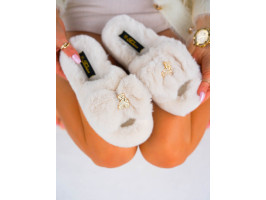 Beżowe Klapki Kapcie Po Domu z Futerkiem Gold Bear