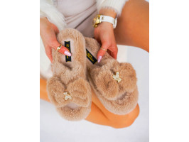 Brązowe Klapki Kapcie Po Domu z Futerkiem Gold Bear