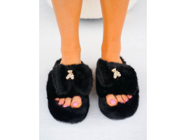 Czarne Klapki Kapcie Po Domu z Futerkiem Gold Bear