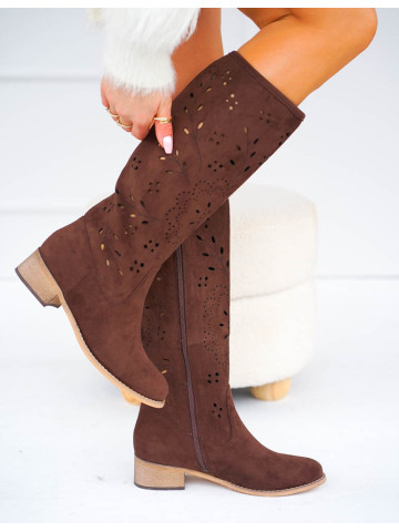 Czekoladowe Zamszowe Ażurowe Kozaki Kowbojki Anabell