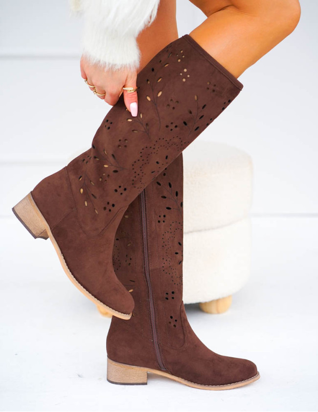 Czekoladowe Zamszowe Ażurowe Kozaki Kowbojki Anabell