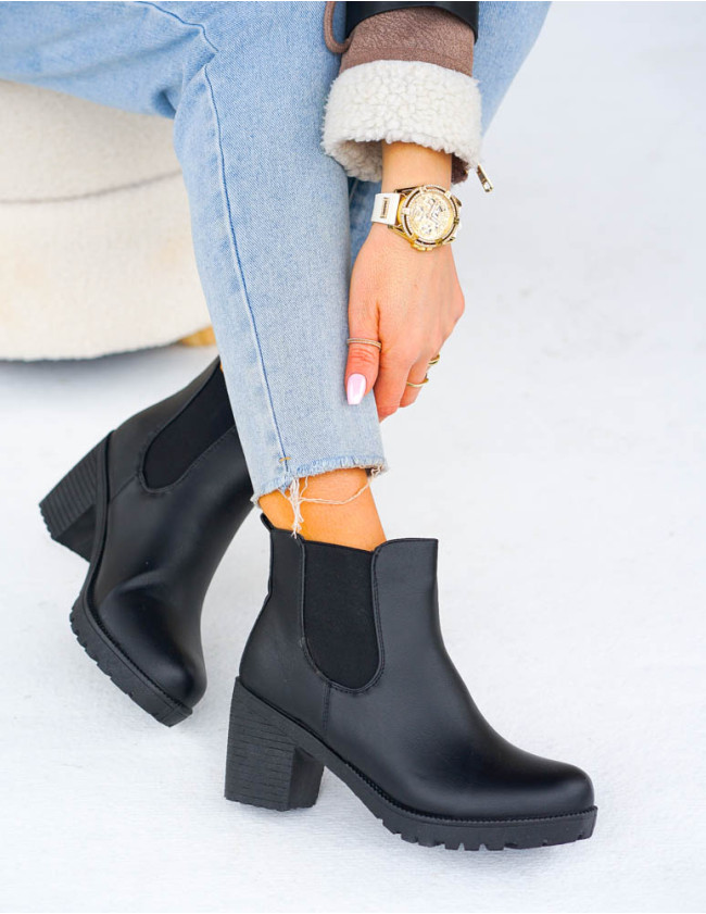 Czarne Botki Blogerki Damskie Na Obcasie Z Gumą