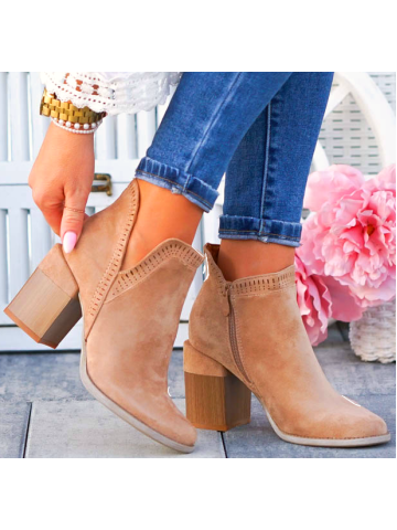 Beżowe Zamszowe Botki Na Obcasie Słupku Fenny