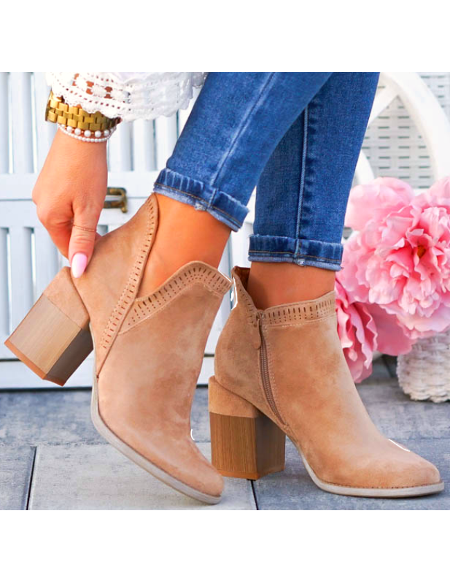 Beżowe Zamszowe Botki Na Obcasie Słupku Fenny