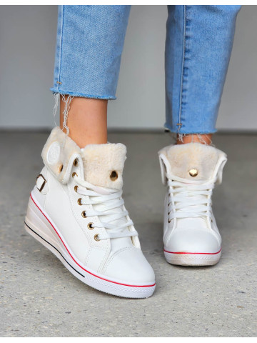 Białe Sportowe Buty Zimowe Na Koturnie z Kożuszkiem