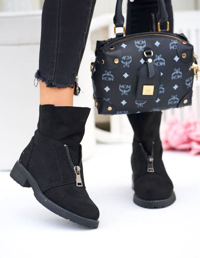 Zamszowe Botki Na Płaskiej Podeszwie z Suwakiem Arena