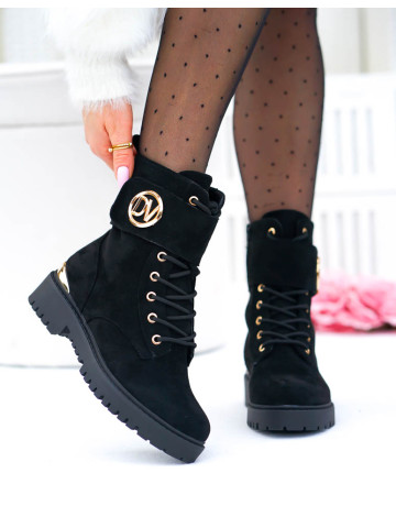 Czarne Zamszowe Botki Glany Mirror Ocieplane
