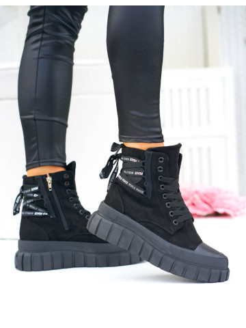 Czarne Sportowe Zimowe Botki Damskie Glany Check