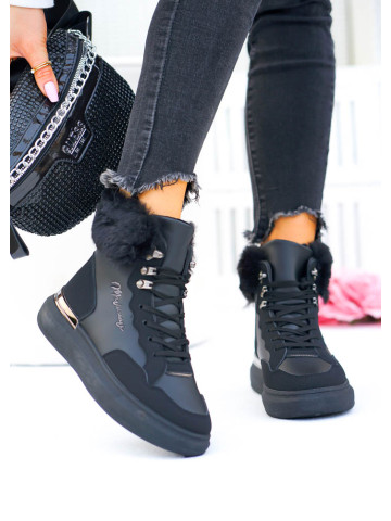 Czarne Sportowe Zimowe Botki Damskie Śniegowce Klarens