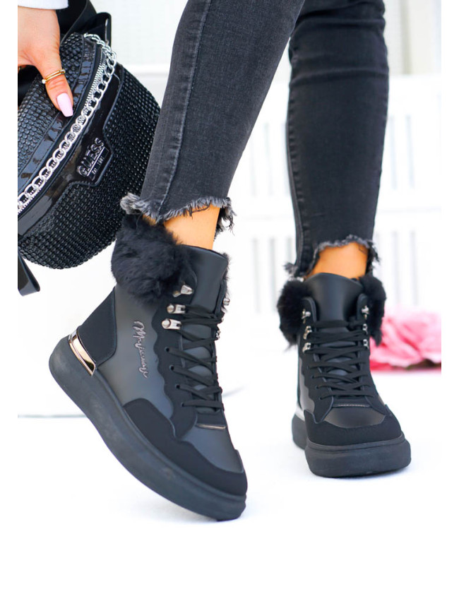 Czarne Sportowe Zimowe Botki Damskie Śniegowce Klarens