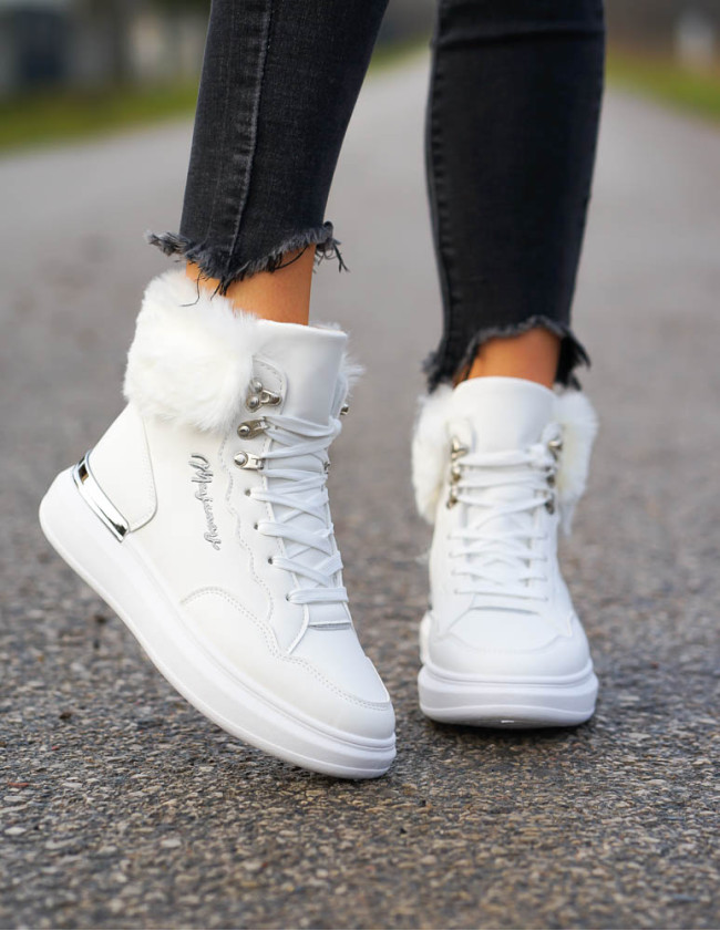 Białe Sportowe Zimowe Botki Damskie Śniegowce Klarens