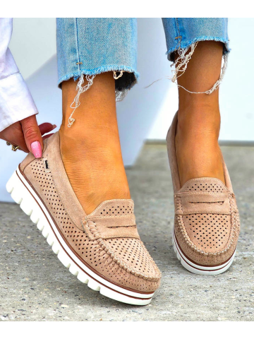 Lekkie Ażurowe Beżowe Półbuty Na Niskiej Koturnie