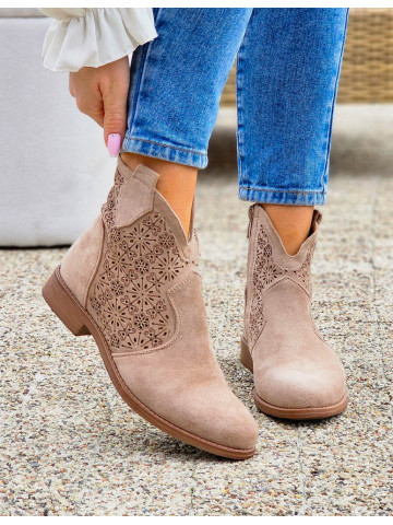 Beżowe Ażurowe Zamszowe Botki Damskie Płaskie Melody