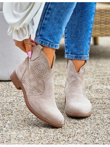 Beżowe Ażurowe Zamszowe Botki Damskie Płaskie Suzanne