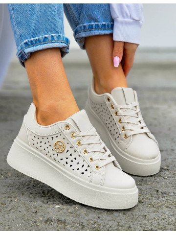 Ażurowe Snaekersy Buty Sportowe Ze Skóry Desire Beżowe