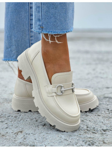 Beżowe Klasyczne Skózane Mokasyny Damskie Via Julii