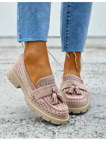 Ażurowe Zamszowe Beżowe Mokasyny OhShoes