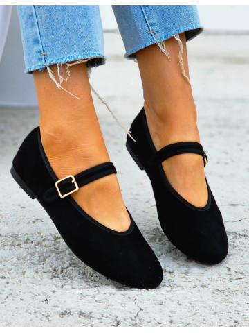 Czarne Zamszowe Baleriny Połbuty z Paskiem Zava