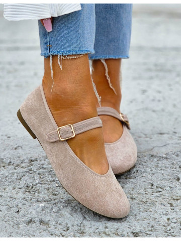 Beżowe Zamszowe Baleriny Połbuty z Paskiem Zava