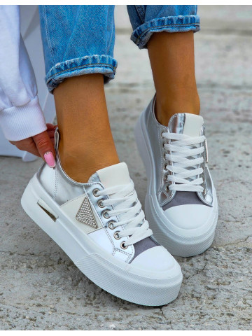 Biało-Srebrne Trampki Ze Skóry Giuass