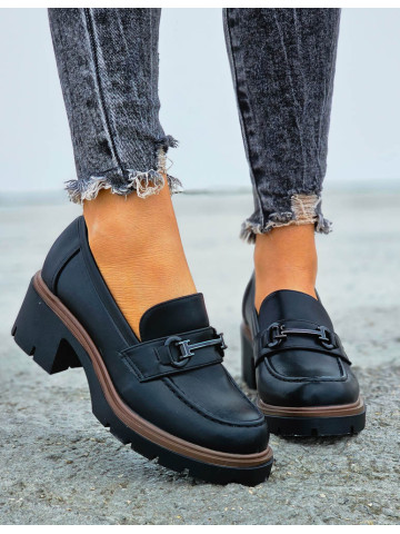 Czarne Skórzane Czółenka Mokasyny Na Niskim Klocku Her