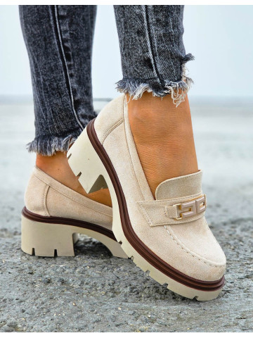 Beżowe Zamszowe Czółenka Mokasyny Na Niskim Klocku Her