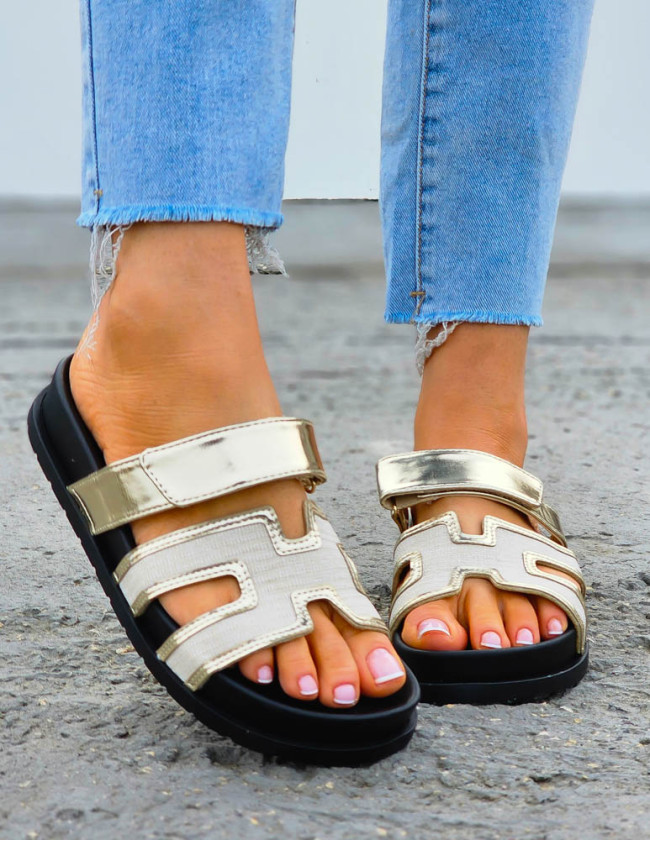 Złote Klapki Damskie Hernes Na Rzepy