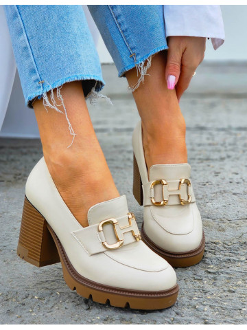 Beżowe Skórzane Półbuty Mokasyny Na Słupku Pella