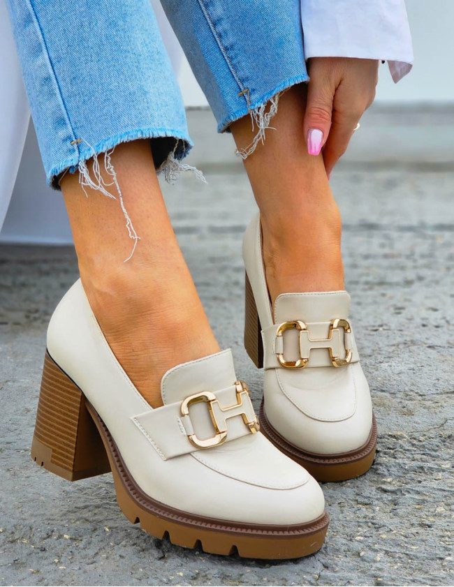 Beżowe Skórzane Półbuty Mokasyny Na Słupku Pella