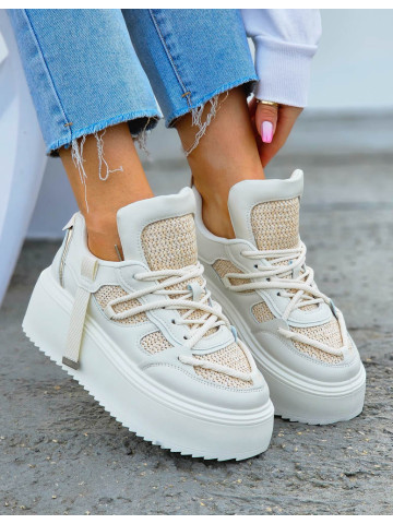 Beżowe Sneakersy Buty Sportowe Na Platformie Plecione Verisso