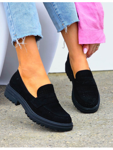 Czarne Ażurowe Zamszowe Mokasyny Heather