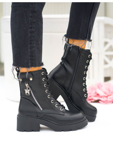 Botki Damskie Ocieplane Zimowe Oficerki Ze Skóry Na Klocku