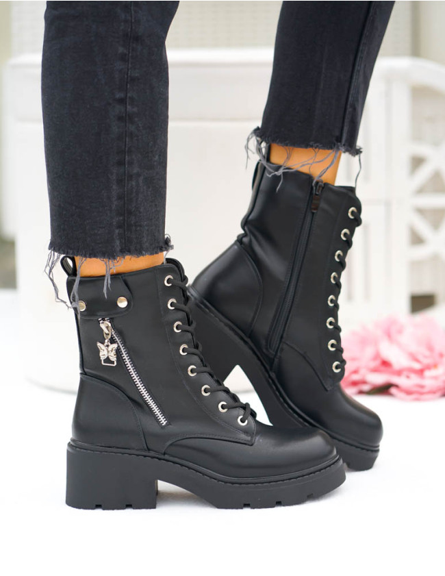 Botki Damskie Ocieplane Zimowe Oficerki Ze Skóry Na Klocku