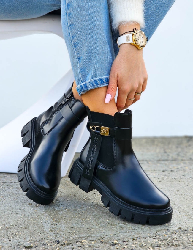 Botki Damskie Oficerki Ze Skóry Na Grubej Podeszwie FashionSlim