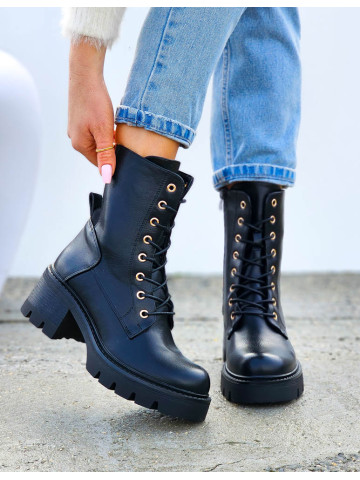 Botki Damskie Ocieplane Zimowe Oficerki Ze Skóry Na Klocku Star