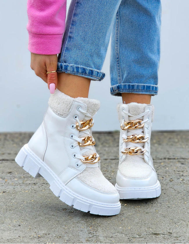 Trapery Ocieplane Botki Śniegowce Sportowe Białe