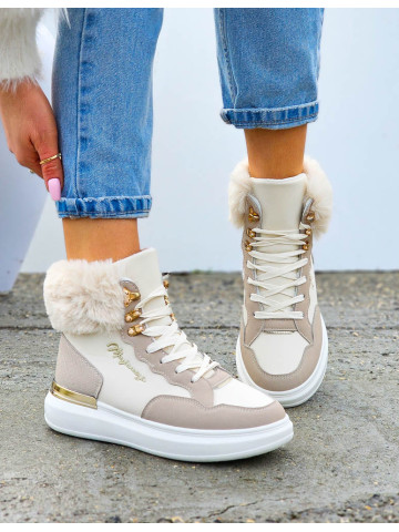 Beżowe Sportowe Zimowe Botki Damskie Śniegowce Klarens