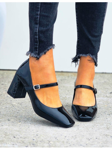 Eleganckie Klasyczne Lakierowane Czolenka Na Słupku z Paskiem